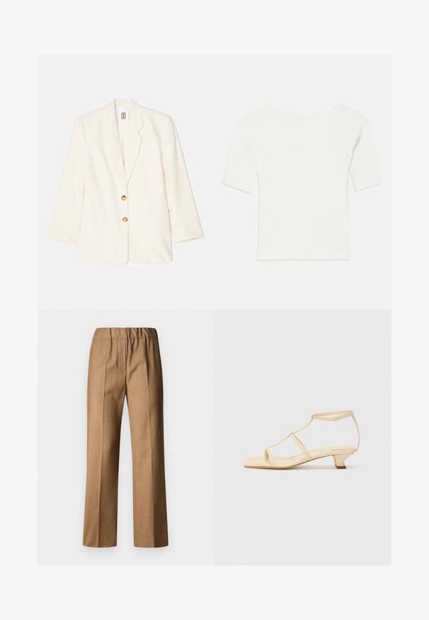 Blazer v kremni barvi, izdelan iz teksturirane tkanine, z enojnim gumbnim zapiranjem, dvema sprednjima žepoma in gumbi v zlatem tonu.; Bela rebrasta majica s kratkimi rokavi in širokim izrezom. Tekstura prikazuje navpične črte, kar poudarja tesno prileganje in preprost dizajn.; Rjavi, teksturirani hlače s sproščenim krojem, širokimi hlačnicami in elastičnim pasom. Oblikovane zložene hlače s sprednjimi naborki.; Bež sandali na visoki peti s T-trakom, kvadratnim prstom, nastavljivim čevljem za gleženj in nizkim blok petom. Material iz gladke usnje.