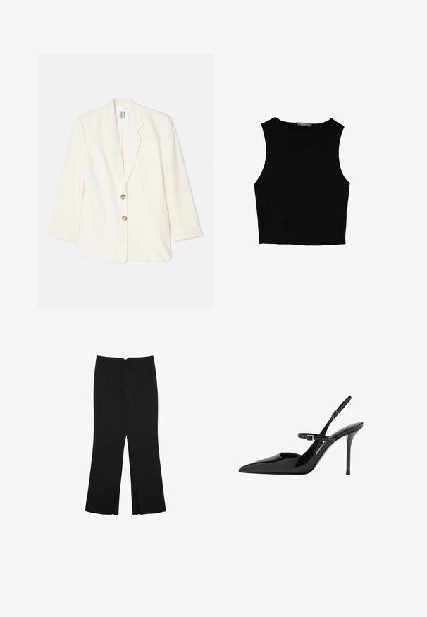 Blazer color crema realizzato in tessuto testurizzato, con design a un bottone, due tasche frontali e bottoni dorati.; Top corto senza maniche nero realizzato in tessuto liscio, con scollatura rotonda e un design pulito e semplice, privo di pattern o accessori.; Pantaloni neri a gamba dritta, con tasche frontali e spacchi laterali all'orlo. Realizzati in tessuto morbido e liscio. Adatti a diverse occasioni.; Slingback in vernice nera con tacco a stiletto, punta affusolata e cinturino regolabile. Superficie liscia con finitura lucida.