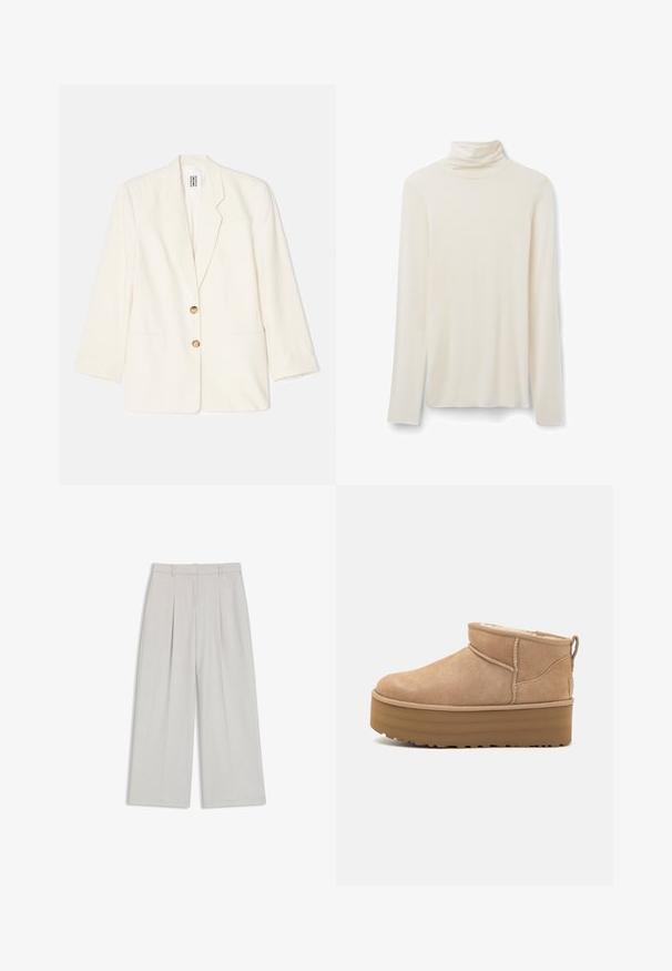 Krèmefarvet blazer lavet af tekstureret stof, med enkeltradet design, to forlommer og guldtonede knapper.; Cremefarvet turtleneck langærmet skjorte lavet af blødt stof, med en tætsiddende krave og et enkelt design med lange ærmer og lige kant.; Lysgrå vide bukser med forkortede læg, skræddersyet talje og ren kant. Fremstillet af et glat, let stof.; Beige ruskinds ankelstøvler med et blødt indre, der har en platformssål og en strop bagpå for nem påtagning. Tekstureret gummisål.