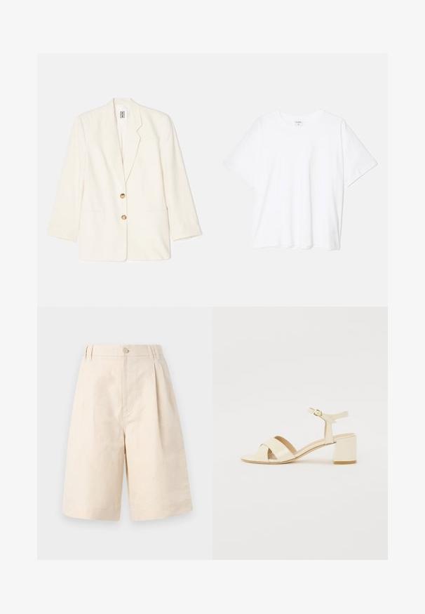 Cream-colored blazer made from textured fabric, featuring a single-breasted design, two front pockets, and gold-tone buttons.; White cotton t-shirt with short sleeves, round neckline, relaxed fit, and stitched hem. Label visible on the inside neck.; Beige linen shorts with a relaxed fit, featuring a button closure, pleated design, and knee-length cut. Smooth texture and simple style.; Beige patent leather heeled sandals with cross strap design, open toe, adjustable ankle strap, and a block heel. Smooth texture.
