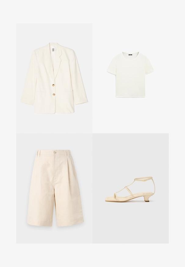 Crème-kleurige blazer gemaakt van gestructureerde stof, met een eenknopsontwerp, twee voorkruiszakken en gouden knopen.; Witte cropped t-shirt gemaakt van zachte katoen, met een ronde halslijn en korte mouwen, een gladde textuur en zonder patronen of versieringen.; Beige linnen shorts met een relaxte pasvorm, voorzien van een knoopsluiting, geplooid ontwerp en knie-lange snit. Glad textuur en eenvoudig stijl.; Beige haksandalen met een T-veterontwerp, vierkante neus, verstelbare enkelsluiting en een lage blokhak. Gemaakt van glad leer.