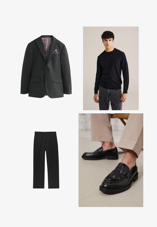 Next REGULAR FIT CHECK - Sacou de costum - charcoal grey; Pulover negru din bumbac cu guler rotund, cu mâneci lungi, manșete și margine ribbună; asortat cu blugi gri. Design simplu, ajustat, fără modele.; Tânăr cu părul buclat de culoare brunet deschis, purtând un tricou negru cu mânecă scurtă și pantaloni gri, privind spre stânga cu mâinile în buzunare.; Pantaloni negri cu un design drept, fabricați dintr-un material neted. Au plisse în față și un sistem de închidere cu un singur buton la talie.; Loafers negre din piele cu o finisare netedă, având o curea decorativă și cusături contrastante, asortați cu pantaloni bej.