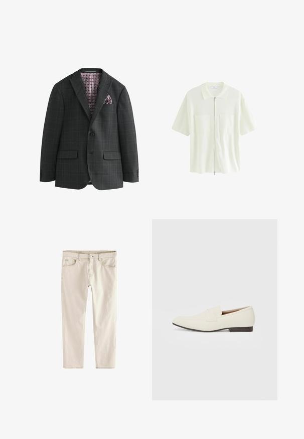 Next REGULAR FIT CHECK - Sako - charcoal grey; Krátky rukáv, biele zipsové tričko vyrobené z textúrovanej tkaniny, s golierom a dvoma prednými vreckami so štvorcovými chlopňami.; Svetlo béžové slim-fit džínsy s rovnou nohou, piatimi vreckami, zapínaním na gombík a zips, a zosilneným švom pozdĺž švov.; Svetlé béžové mokasíny s špicatou špičkou, hladkým materiálom, pásikom cez vamp a nízkou hnedou podrážkou. Jednoduchý dizajn s minimálnymi akcentmi.