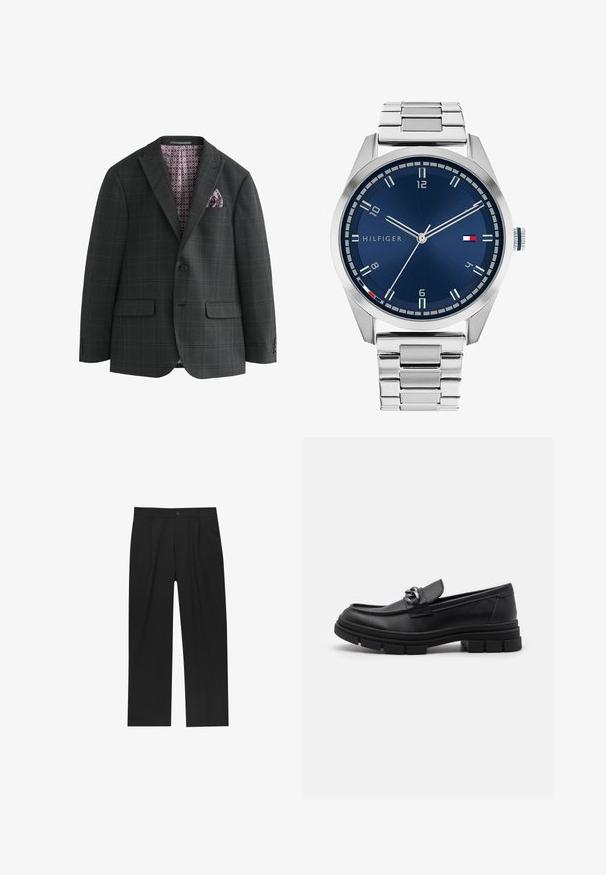 Next REGULAR FIT CHECK - Sako - charcoal grey; Set od osam crnih pamučnih majica s kratkim rukavima i okruglim izrezom, s jednostavnim dizajnom i mekanom teksturom.; Crne hlače ravnog kroja, izrađene od glatkog materijala. Imaju prednje nabore i jedan dugme na struku.; Crne kožne mokasine s zaobljenim vrhom, dekorativnom trakom i hardverom, te masivnom teksturiranom potplatom. Glatka površina s suptilnim detaljima.; Srebrni metalni sat s četkanim plavim brojčanikom, bijelim oznakama sati i prikazom datuma. Ima povezan metalni remen i logo marke.