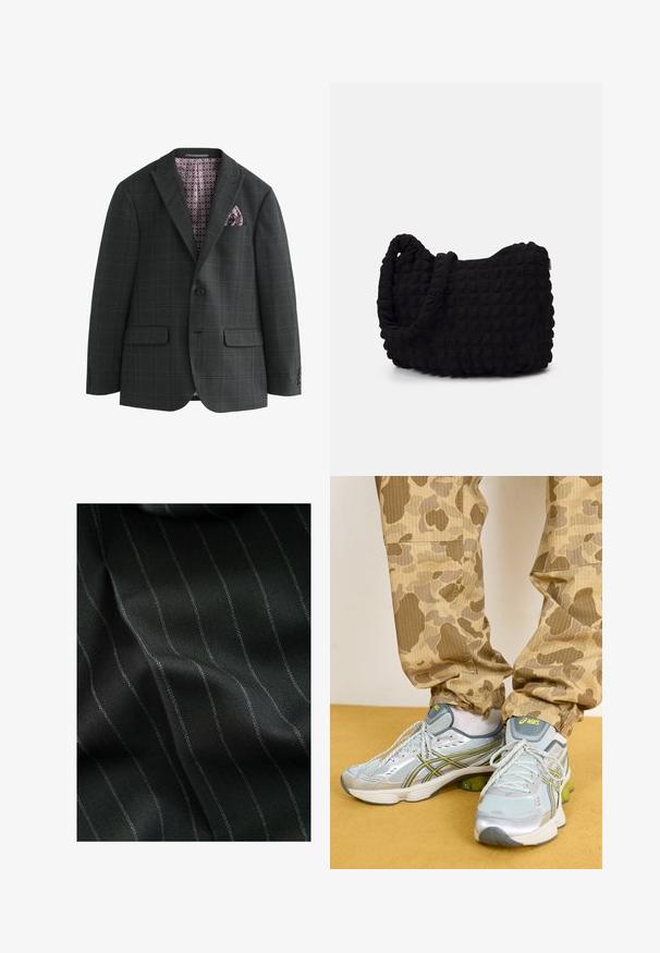Next - Marynarka garniturowa; Zestaw pięciu czarnych t-shirtów z okrągłym dekoltem. Krótkie rękawy, materiał bawełniany, standardowy krój. Gładka faktura bez widocznych wzorów czy ozdób.; Czarna tkanina w wzór w jodełkę z cienkimi białymi paskami. Tekstura wydaje się gładka z subtelną głębią z tkania.; Jasnoszare buty sportowe z srebrnymi akcentami, zielonymi detalami amortyzującymi i teksturowaną siateczką, połączone z beżowymi spodniami w kamuflażu.; Czarna torba z materiału o fakturowanym, pikowanym wzorze. Owalny kształt, krótkie, grube rączki oraz miękka, elastyczna struktura.