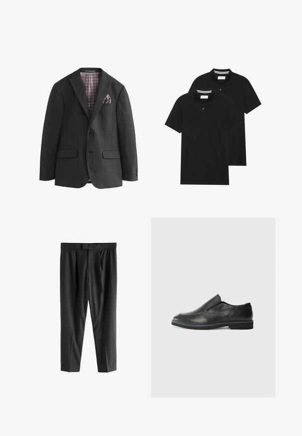 Next - Marynarka garniturowa; Dwie czarne koszulki polo z krótkim rękawem, wykonane z materiału bawełnianego, z klasycznym kołnierzykiem, z zapięciem na dwa guziki oraz białymi paskami wewnątrz kołnierza.; Next REGULAR FIT czarny; Czarne skórzane buty wsuwane z gładką cholewką, przeszyciami, okrągłym noskiem i niskim gumowym obcasem. Podeszwa ma minimalny bieżnik.
