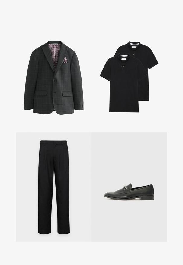 Next REGULAR FIT CHECK - Sako - charcoal grey; Dvé čierne polo tričká, krátke rukávy, vyrobené z bavlny, s klasickým golierom, dvojitým gombíkom a bielymi pruhmi vo vnútri goliera.; Čierne nohavice vyrobené z hladkej tkaniny, s rovnými nohavicami, dvoma prednými skladmi a štandardným pásom s pútkami na opasok.; Čierne kožené loafers s hladkým povrchom, s prešitým dizajnom a dekoratívnym kovovým reťazovým akcentom cez priehlavok. Plochý podpätok.