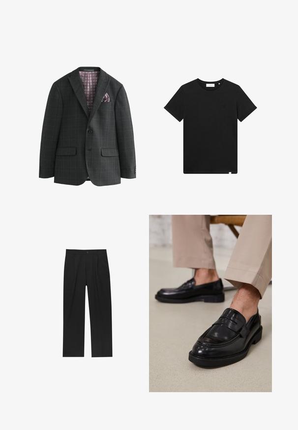 Next REGULAR FIT CHECK - Suit jacket - charcoal grey; Black short-sleeve T-shirt made of cotton, featuring a crew neck and a small logo embroidered on the chest. Smooth texture, standard fit.; Black pants with a straight-leg design, made from a smooth fabric. Features front pleats and a single button closure at the waist.; Black leather loafers with a smooth finish, featuring a decorative strap and contrast stitching, paired with beige trousers.