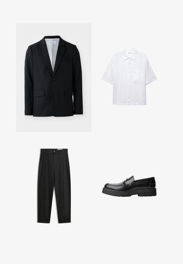 Čierny blazer vyrobený z textúrovaného materiálu so zapínaním na jeden gombík, s klopanými goliermi a tromi vreckami, vrátane jedného vrecka na prsiach.; Biela košeľa s krátkymi rukávmi, s zapínaním na gombíky, golierom a jednou malou náprsní kapsou. Vyrobená z ľahkého materiálu s hladkou textúrou.; Čierne bavlnené nohavice s voľným strihom, s klasickým pásom, prednými záhybmi a bočnými vreckami. Hladká textúra bez vzorov.; Čierne kožené mokasíny s masívnou podrážkou a dekoratívnym pásom cez hornú časť, zobrazené z ľavého bočného profilu na bielom pozadí.