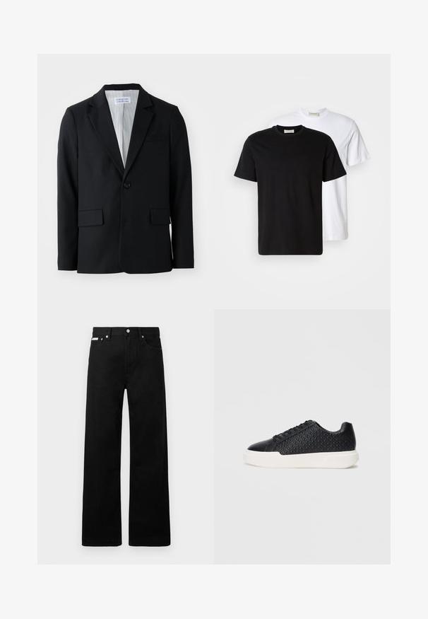 Blazer noir en tissu texturé avec une fermeture à un bouton, des revers crantés et trois poches, y compris une poche poitrine.; Deux t-shirts en coton unis, l'un noir placé devant un blanc, tous deux à manches courtes et avec un col rond.; Pantalon en denim noir avec une coupe large, doté de cinq poches et de boutonnières métalliques. Texture lisse, sans motifs visibles.; Sneaker noir avec texture géométrique sur le côté, embout lisse et semelle en caoutchouc blanche. Dispose de lacets ronds et d'un design basses.