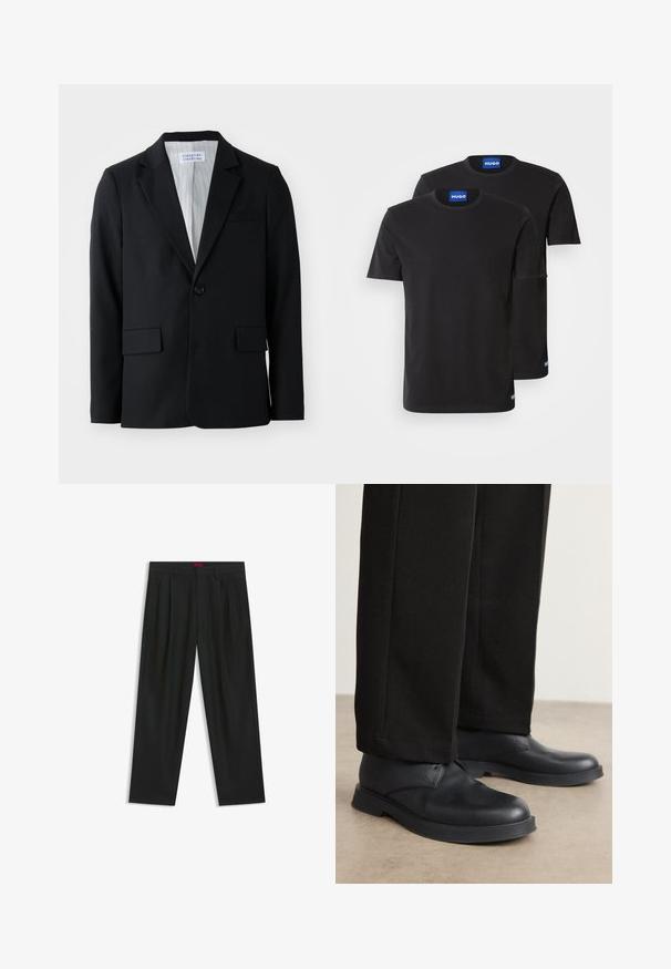 Black blazer made from textured fabric with a single button closure, notched lapels, and three pockets, including one chest pocket.; Two black cotton T-shirts with round necklines, short sleeves, and blue "HUGO" labels on the collars and side hems.; Black trousers with a pleated design, wide leg shape, and a smooth texture. Features a red waistband tag.; Black leather shoes with a rounded toe, flat sole, and minimal detailing. Paired with tailored black pants, showing smooth texture.