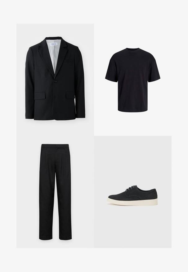 Black blazer made from textured fabric with a single button closure, notched lapels, and three pockets, including one chest pocket.; Black cotton t-shirt with a crew neckline, short sleeves, and a relaxed fit. Smooth texture and no visible patterns or accents.; Black trousers made of smooth fabric, featuring a straight-leg design, two front pleats, and standard waistband with belt loops.; Black suede lace-up shoe with a rounded toe, lightweight cream sole, and subtle blue stitching accents on the upper.