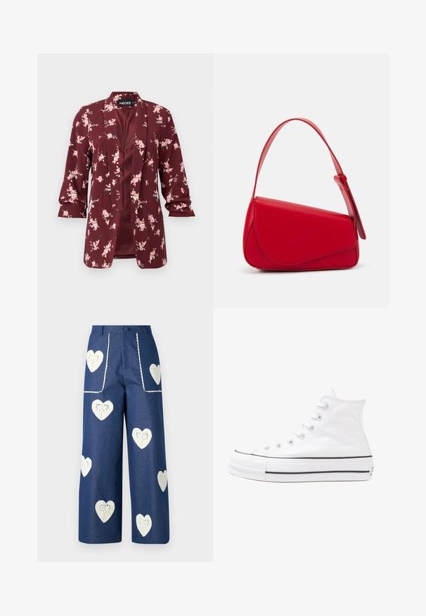Burgundi virágmintás zakó rózsaszín virágokkal. Könnyű anyagból készült, testhez simuló fazonú, enyhén kialakított gallérral és háromnegyedes ujjal.; Virágmintás blúz hosszú puffos ujjakkal, világos krém alapon, lila, narancs és zöld virágmintázattal, klasszikus gallér dizájnnal.; Sister Jane HEART TO HEART - Egyenes szárú farmer - blue denim; Fehér magaskorsó vászon sportcipő fekete gumi talppal, elülső gumi orrnyereggel és hat fűzőlyukkal, letisztult, minimalista dizájnnal.; Piros bőr kézitáska szögletes, geometrikus kialakítással. Egy állítható pánttal és varrott részletekkel ellátott fedélzárral rendelkezik.