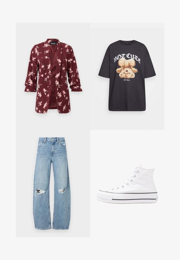 Burgundia lillelilleline bleiser, millel on roosad lilled. Valmistatud kergest kangast, millel on kohandatud lõige, nurgakraed ja kolmeveerandvarrukad.; Musthave musta t-särk, millel on karu graafika ja tekst "EI NII NÄDALA, KUID MÄRG" paksult valgete tähtedega. Puuvillane materjal.; Heledad hallideega sinised teksad, millel on kõrge talje. Teksade jalgadel on lai alus, kaks rebitud kohta põlvede ümber ning klassikaline viie tasku stiil.; Valge kõrgem kangast tenniseking, millel on must kummist tald, ees kummist varvasetugi ja kuus aukku paelte jaoks, pakkudes puhta ja minimalistliku disaini.