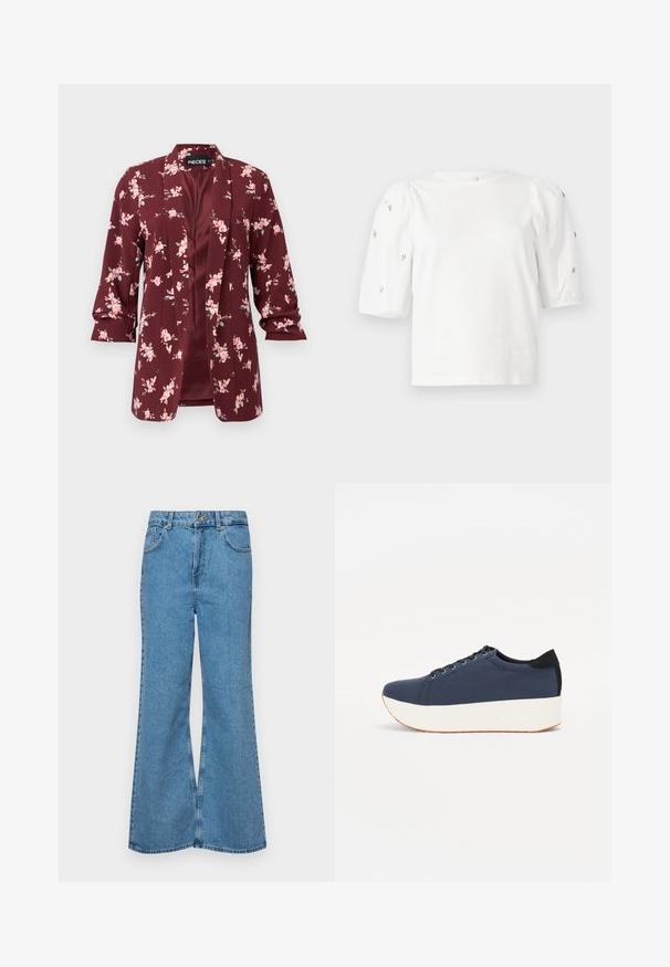 Bordo gėlėtas švarkas su rožiniais žiedais. Pagamintas iš lengvos medžiagos, turi pritaikytą siluetą, įpjovimus ir trijų ketvirtadalių rankoves.; Balta medvilnės marškinėliai trumpomis pūstomis rankovėmis, papuošti mažomis sidabrinėmis detalėmis ant rankovių. Klasikinis apvalus iškirpimas, laisvas siluetas.; Šviesiai mėlynos flared džinsai, pagaminti iš džinsinio audinio, su aukštu liemeniu, penkiomis kišenėmis ir vienu mygtuko užsegimu. Minkštas paviršius su išblukusiu efektu.; Tamsiai mėlynas sportinis batelis su tekstūruotu audiniu viršuje, baltu platformos padu, apvaliu pirštu ir juodu kulno akcentu.š. Yra šešios skylės raišteliams.