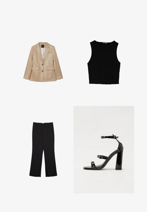 Blazer beige da donna con due bottoni, due tasche anteriori a patta, una tasca sul petto e colletto a punte, esposto su uno sfondo bianco.; Top corto senza maniche nero realizzato in tessuto liscio, con scollatura rotonda e un design pulito e semplice, privo di pattern o accessori.; Pantaloni neri a gamba dritta, con tasche frontali e spacchi laterali all'orlo. Realizzati in tessuto morbido e liscio. Adatti a diverse occasioni.; Sandali con tacco in vernice nera, con punta squadrata, cinturini alla caviglia e fibbie in argento. Presentano un tacco a blocco spesso per maggiore stabilità.