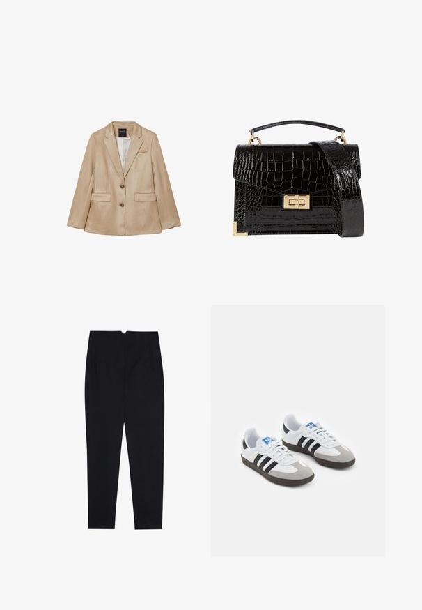 Blazer beige da donna con due bottoni, due tasche anteriori a patta, una tasca sul petto e colletto a punte, esposto su uno sfondo bianco.; Tessuto di cotone nero con una texture liscia e scollatura rotonda, caratterizzato da un motivo a grana sottile e uniforme. Nessun logo o accento visibile.; Pantaloni neri realizzati in un tessuto testurizzato, con un frontale piatto, tasche laterali e una vestibilità dritta con vita medio-alta.; Scarpe sportive con tomaia in pelle bianca, punta in suede grigia e tre strisce nere. Presentano un logo blu sulla linguetta e una suola in gomma testurizzata.; Borsa a tracolla nera in pelle verniciata con texture a coccodrillo, hardware dorato, manico superiore e una tracolla removibile. Forma rettangolare con chiusura a patta.