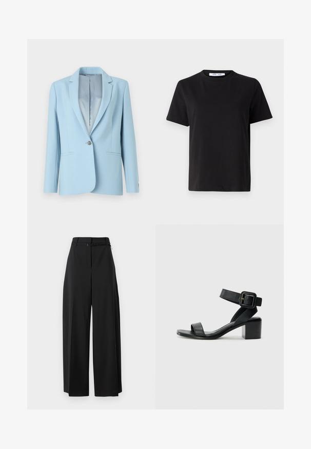 Svetlo modra po meri krojena blazer jakna z enim gumbom, z izrezom na ovratniku, dvema sprednjima žepoma in gladkim notranjim podloženjem.; Črna majica s kratkimi rokavi iz mehkega bombaža, ki ima okroglo izrezovanje, udoben kroj in gladko teksturo. Brez vidnih vzorcev ali grafike.; Črne široke hlače z visokim pasom in pasom. Imajo gladko teksturo in čiste linije, zasnovane za sproščen kroj.; Črne usnjene sandale na visoki peti z nastavljivim gležnjanjem, odprto obliko spredaj in kvadratno blok peto. Gladka tekstura, minimalističen slog.