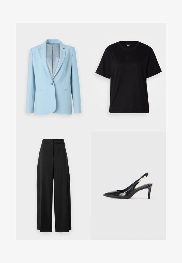 Light blue tailored blazer with a single button closure, notch lapels, two front pockets, and a smooth inner lining.; Black cotton t-shirt with a crew neckline, short sleeves, and an embroidered logo on the chest. Simple, relaxed fit with no patterns.; Black wide-leg trousers with a high waist and a belt. Features a smooth texture and clean lines, designed for a relaxed fit.; Black leather slingback high-heeled shoe with a pointed toe, smooth texture, and a narrow ankle strap featuring gold hardware accents.