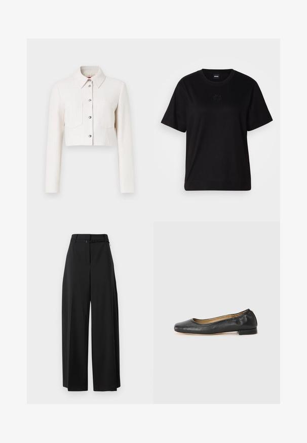 Geknipte witte textuurjack met lange mouwen, knoopsluiting aan de voorkant, puntkraag en twee borstzakken. Accenten in zilverkleurige hardware.; Zwarte katoenen t-shirt met een ronde hals, korte mouwen en een geborduurd logo op de borst. Eenvoudige, comfortabele pasvorm zonder patronen.; Zwarte wijde broek met hoge taille en een riem. Heeft een soepele textuur en strakke lijnen, ontworpen voor een ontspannen pasvorm.; Zwarte leren balletschoenen met een ronde neus en minimale stiknaden. Lage, rechthoekige hak en een gladde textuur. Subtiele detailvoering aan de binnenkant.