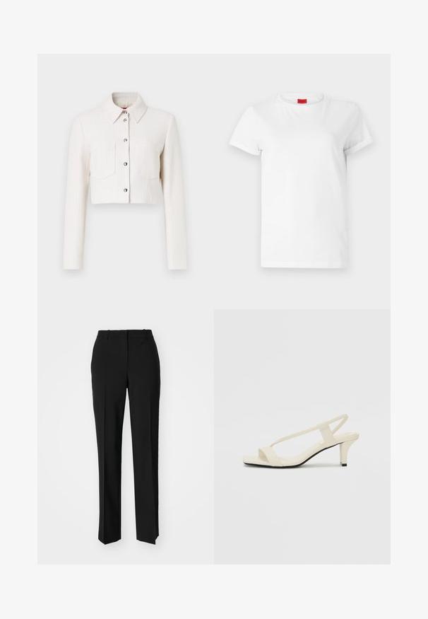 Cropped white textured jacket with long sleeves, button-front closure, pointed collar, and two chest pockets. Silver-tone hardware accents.; White short-sleeve t-shirt made of lightweight cotton. Features a round neckline and rolled sleeves. Red logo tag on the collar.; Black tailored trousers with a straight-leg design, featuring a smooth texture and crisp creases along the front. No visible hardware.; Beige block-heeled sandals with thin straps and a square toe. Smooth material with minimal detailing, designed for easy wear.
