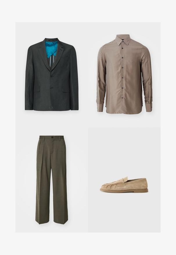 Dark gray blazer with two front buttons, tailored fit, single chest pocket, lined with teal fabric featuring vertical stripes.; Long-sleeve shirt in a taupe color, made of smooth fabric, featuring a button-up front and dark buttons, with a small logo on the chest.; Filippa K WIDE TROUSERS - Trousers - driftwood; Beige suede slip-on loafers with a gathered design, featuring a flat sole and a decorative strap across the vamp. Smooth texture.