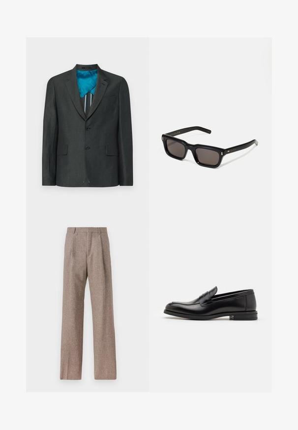 Tamsiai pilkas švarkas su dviem priekiniais mygtukais, pritaikytas fitas, vienu krūtiniu kišeniu, pamuštas mėlyna žalia medžiaga, turinčia vertikalių juostelių.; Balta ilga rankovė mygtukų marškiniai, pagaminti iš medvilnės, su krūtine kišene ir toniniu siuvinėjimu, apykakle ir mygtukų apvadu.; Rudos, aukšto liemens kelnes, pagamintas iš tekstūruotos medžiagos. Plati kojos, dvi priekinės klostės struktūrai. Tvarkingas apdailos darbai, be matomų detalių.; Juodos odinės loafers, turinčios lygų paviršių, apvalią noselę ir dekoratyvinę juostą per priekinę dalį. Žemas krentantis kulnas, minimalistinis dizainas.; Juodos stačiakampės akinių nuo saulės su tamsiais objektyvais, storu plastiko rėmu, auksinėmis detalėmis ant šventyklų ir prekės ženklo logotipu išgraviruotu ant šono.