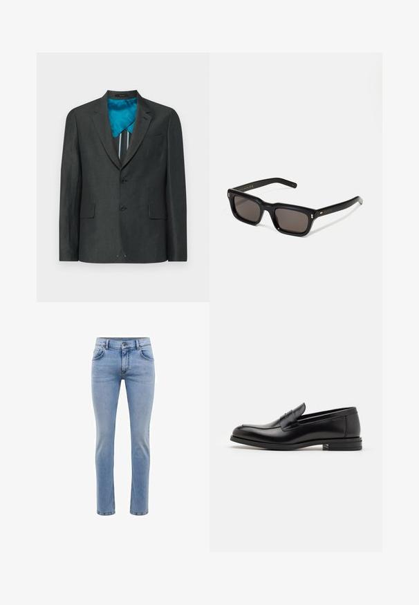 Dark gray blazer with two front buttons, tailored fit, single chest pocket, lined with teal fabric featuring vertical stripes.; White ribbed tank top featuring a silver chain graphic with two dog tags displaying text: "HATE" and "COMPASSION."; Light blue denim jeans with a slim fit, five pockets, and a straight leg design. Features a zipper fly and belt loops. Soft texture.; Black leather loafers with a smooth texture, rounded toe, and a decorative strap across the vamp. Low stacked heel, minimalist design.; Black rectangular sunglasses with dark lenses, thick plastic frame, gold accents on temples, and brand logo engraved on the arm.