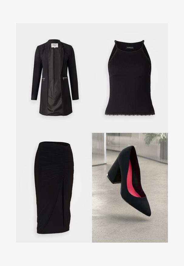 Blazer preto com um tecido suave, design ajustado, mangas longas e bolsos frontais com fecho éclair. Totalmente forrado com um acabamento mate.; T-shirt sem mangas preto com acabamento em renda frisada na barra. Apresenta alças finas e um design justo. Feito de um tecido elástico.; Saia lápis preta, franzida, com detalhe de laço e uma fenda lateral. Feita de um tecido elástico, apresenta uma textura suave e um design justo ao corpo.; Sapato de salto alto preto com bico puntiagudo, superfície texturizada e um interior vibrante em rosa. Apresenta um salto grosso com detalhe em prata.