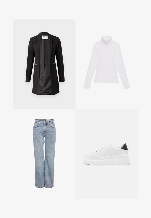 Μαύρο σακάκι με λείο ύφασμα, κομψό σχέδιο, μακριά μανίκια και μπροστινές τσέπες με φερμουάρ. Πλήρως επενδυμένο με ματ φινίρισμα.; Λευκή μακρυμάνικη μπλούζα με ψηλό λαιμό από λείο, ελαστικό ύφασμα. Διαθέτει ψηλό γιακά και εφαρμοστή σχεδίαση, χωρίς ορατά σχέδια ή διακοσμητικά.; Ανοιχτού μπλε τζιν με φαρδιά πόδια, κατασκευασμένα από τζιν ύφασμα, με ψηλή μέση, πέντε τσέπες και μια subtile φθορά για ένα εμφάνιση φθαρμένου.; Λευκά πλατφόρμα αθλητικά παπούτσια κατασκευασμένα από λείο συνθετικό υλικό, με στρογγυλή μύτη, σχέδιο με κορδόνια και υφασμένη καουτσούκ σόλα. Μαύρη έγχρωμη λεπτομέρεια στη φτέρνα.