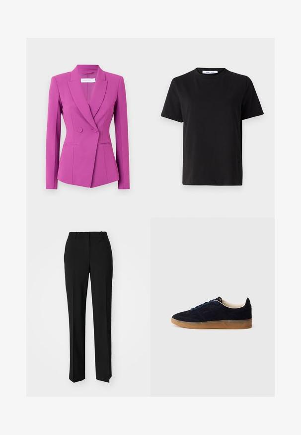 Fuksiaroosa bleiser, millel on kohandatud disain, ühe nööbiga stiil, teravad kraed ja kaks eesmist taskut. Valmistatud siledast, struktureeritud kangast.; Must have lühikeste varrukatega t-särk, mis on valmistatud pehmest puuvillast, ümmarguse kaelusega, lõdva sobivusega ja sileda tekstuuriga. Ei ole nähtavaid mustreid ega graafikat.; Mustad ja sirged püksid, millel on sile tekstuur ja teravad voldid esiosas. Ilma nähtavate detailideta.; Tumesinised seemisnahast spordijalatsid kummist tallaga, siniste paeltega ja minimalistliku disainiga. Küljel on reljeefne logo ja sees on sile vooder.