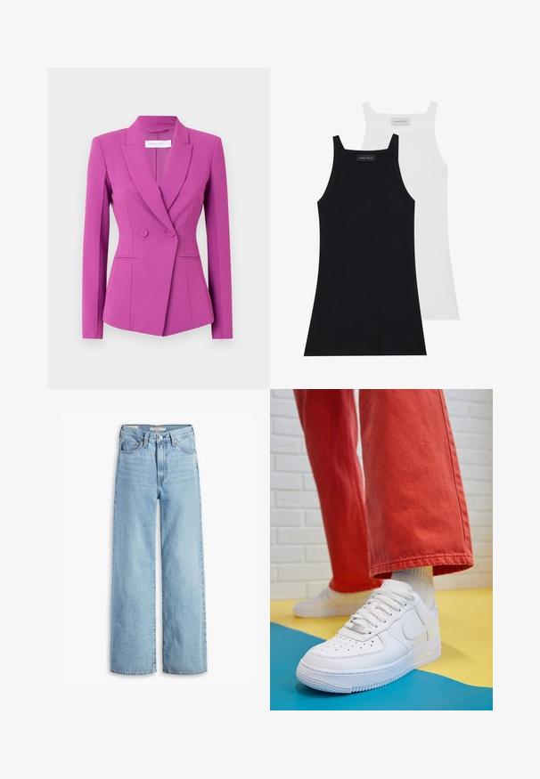 Fukszia blézer testre szabott kialakítással, egysoros stílusban, csúcsos hajtókákkal és két első zsebbel. Simára szőtt, struktúrált anyagból készült.; Két ujjatlan felső fekete és fehér színben. Puha, rugalmas anyagból készült, bordás textúrával és testhezálló fazonnal. Keskeny pántokkal rendelkezik.; Magas derekú, világoskék, bőszárú farmernadrág, elöl gombbal és cipzárral, övhurkokkal és öt zsebes stílussal.; Fehér bőr edzőcipő perforált orral, texturált talppal és fehér fűzővel, széles vörös nadrággal párosítva, kék és sárga háttérrel.