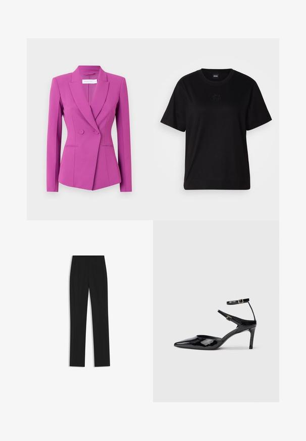Fuchsia blazer with a tailored design, single-breasted style, peak lapels, and two front pockets. Made from a smooth, structured fabric.; Black cotton t-shirt with a crew neckline, short sleeves, and an embroidered logo on the chest. Simple, relaxed fit with no patterns.; Black tailored trousers with a straight-leg design, featuring front pockets and a smooth, textured fabric. Neat, minimal detailing.; Black patent leather heels with a pointed toe, adjustable ankle straps, and a slender heel. Smooth texture with a shiny finish.
