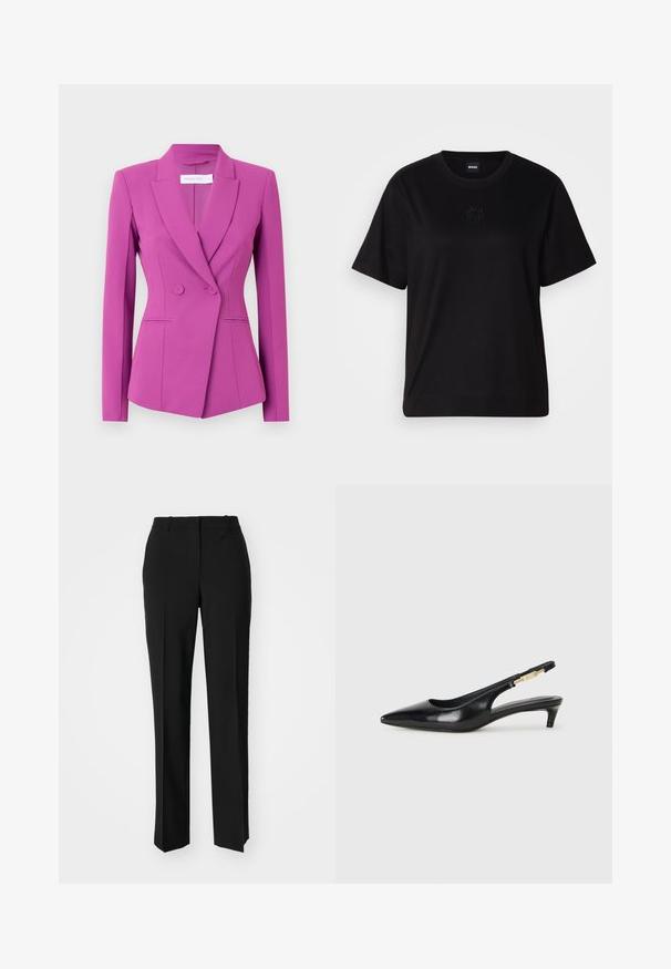 Sacou fucsia cu un design bine croit, stil cu un singur rând de nasturi, rever în vârf și două buzunare frontale. Fabricat dintr-un material neted și structurat.; T-shirt negru din bumbac, cu guler rotund, mâneci scurte și un logo brodat pe piept. Design simplu, cu o croială relaxată și fără modele.; Pantaloni negri tailor-ed cu un design drept, având o textură fină și cute clare pe față. Fără elemente de prindere vizibile.; Sandale slingback din piele neagră cu vârf ascuțit, având un toc subțire și un accent de culoare aurie pe curea ajustabilă. Textură netedă.