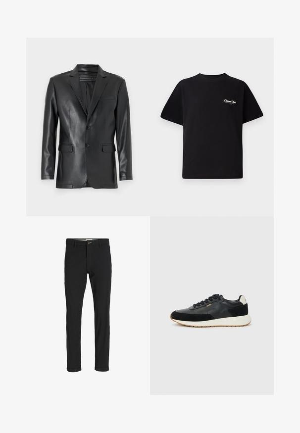 Blazer in eco-pelle nera con revers, due bottoni e tasche frontali. Tessuto morbido con vestibilità sartoriale e design strutturato.; T-shirt in cotone nero con scollatura rotonda, maniche corte e piccolo testo del logo bianco sul lato sinistro del petto. Design semplice, vestibilità classica.; Pantaloni neri in cotone misto con vestibilità slim, dotati di chiusura con bottone, tasche e orli arrotolati per un look informale.; Sneaker nera caratterizzata da un mix di pelle texturizzata e suede, con una suola intermedia bianca e una suola in gomma color gomma. Lacci in nero abbinato.