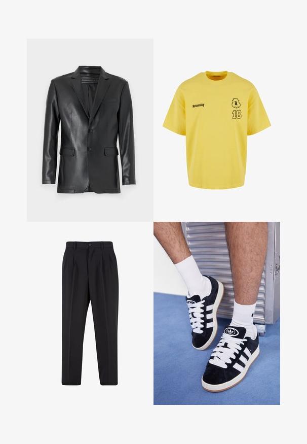 Mustast kunstnahast bleiser, millel on klapiga krae, kaks nuppu ja eesmine taskud. Sile tekstuur, kohandatud sobivus ja struktureeritud disain.; Kollane puuvillane T-särk ümmarguse kaelusega, lühikeste varrukatega, millel on must trükitud tekst "Reternity" ja numbrid "18" dekoratiivse aktsendiga.; Mustad püksid, millel on voltidega eesmine disain, valmistatud siledast kangast. Omab nup closure ja vöökinnitusauke; sirge jalgade lõige.; Mustad nahkjalatsid valgete paelte ja kolme valge triibuga. Omab ümmargust musta logo keele peal ning kummist tallat.