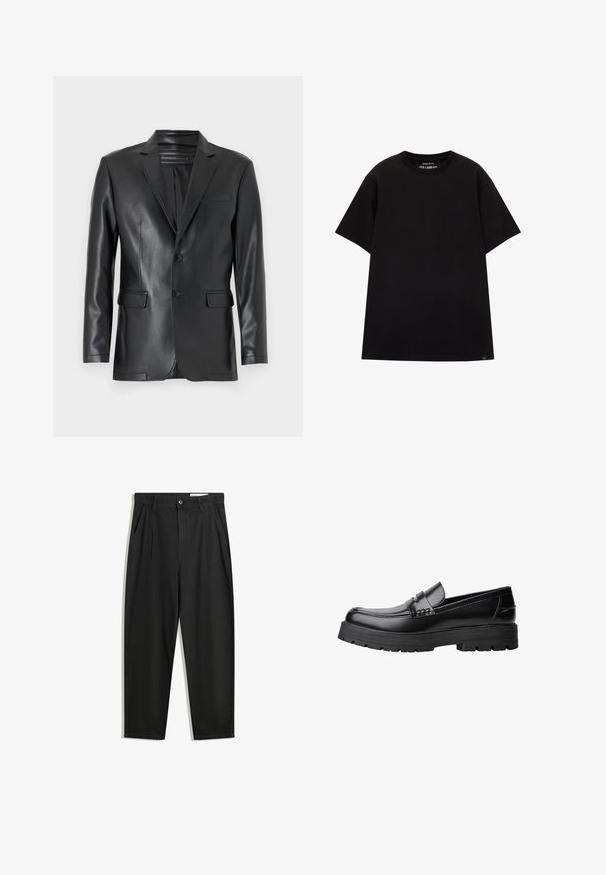 Schwarzer Kunstleder-Blazer mit Reverskragen, zwei Knöpfen und Fronttaschen. Glatte Textur mit taillierter Passform und strukturiertem Design.; PULL&BEAR JOIN LIFE - T-Shirt basic - black; Schwarze Baumwollhose mit lockerem Schnitt, ausgestattet mit einem klassischen Bund, vorderen Falten und Seiten taschen. Glatte Textur ohne Muster.; Schwarzer Lederloafer mit grobem, rutschfestem Sohlenprofil und dekorativem Riemen über der Oberseite, seitlich links auf weißem Hintergrund abgebildet.
