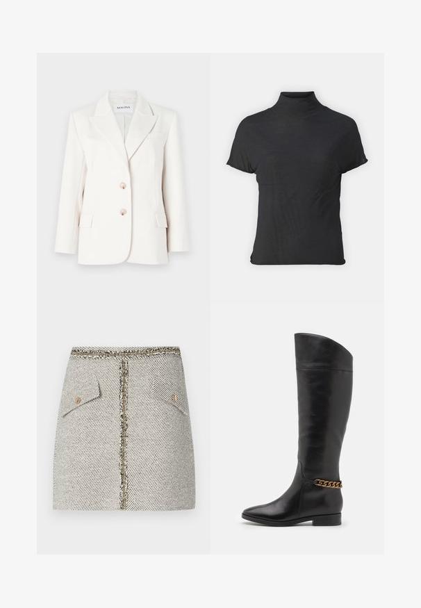 White blazer with a tailored fit, single-breasted design, two front pockets, pink buttons, and notch lapels. Textured fabric.; Black short-sleeve turtleneck top made of lightweight fabric with a smooth texture and a fitted shape, featuring a high neckline.; Woven tweed skirt in white and black herringbone pattern, features two front pockets and a gold-tone zipper at the back with frayed edges.; Tall black leather boots with a sleek design, pointed toe, and a gold chain accent at the ankle. Low block heel. Smooth texture.