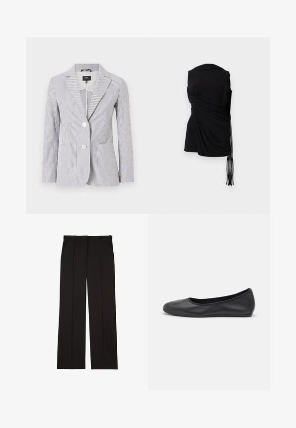 Blazer a righe in tessuto blu e bianco, con colletto a lottura, due bottoni e tasche anteriori. Vestibilità sartoriale con texture liscia.; Top nero senza maniche con tessuto drappeggiato, arricciature laterali e dettaglio di frange allungate, caratterizzato da una texture liscia e una silhouette aderente.; Pantaloni neri su misura realizzati in un tessuto liscio, con un design a gamba dritta e due tasche laterali. Costruzione elegante e minimalista.; Pantofole da balletto nere in pelle con punta arrotondata, texture liscia, dettagli di cucitura minimi e design con suola flessibile.