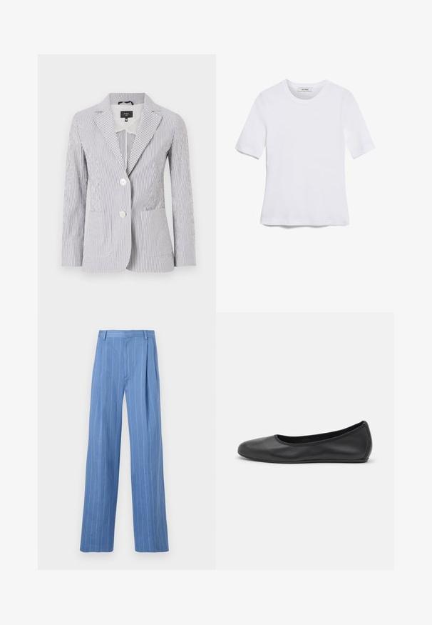 Pruhovaný blejzr v modro-bílé látce, s klopovým límcem, dvěma knoflíky a předními kapsami. Přiléhavý střih s hladkou texturou.; Bílá tričko s krátkým rukávem vyrobené z žebrované tkaniny. Kulatý výstřih, normální střih a jemné detaily šití. Bez vzorů nebo grafik.; Světle modré široké kalhoty s vertikálními bílými pruhy. Vyrobené z hladkého materiálu, s předním záhybem a čistým designem pasu.; Černé kožené baletní byty s kulatou špičkou, hladkou texturou, minimálními švy a flexibilním designem podrážky.
