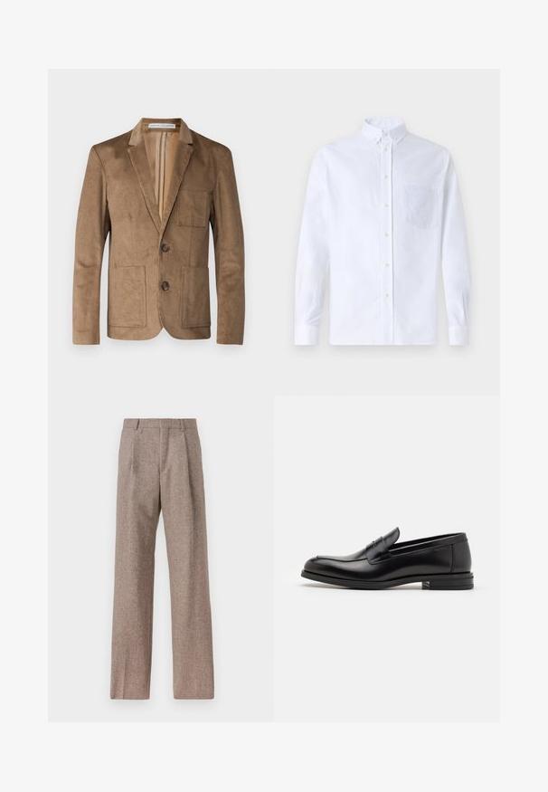Essential Collective UNCONSTRUCTED CORDUROY BLAZER JACKET - Veste de costume - camel; Chemise blanche à manches longues avec boutons en coton, présentant une poche poitrine avec broderie ton sur ton, un col et des poignets boutonnés.; Pantalons marron taille haute en tissu texturé. Présente des jambes larges et deux plis avant pour la structure. Finition soignée sans matériel visible.; Mocassins en cuir noir avec une texture lisse, bout rond et une sangle décorative sur le dessus. Talon bas empilé, design minimaliste.