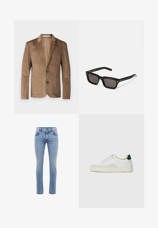 Essential Collective UNCONSTRUCTED CORDUROY BLAZER JACKET - Švarkas - camel; Balta ilga rankovė mygtukų marškiniai iš medvilnės. Pasižymi klasikinėmis apykaklėmis, mygtukų rankogaliais ir mažuoju tamsiai mėlynu siuviniu su logotipu ant krūtinės.; Šviesiai mėlynos džinsinės kelnės su siauromis kojomis, penkiais kišenėmis ir tiesiomis kojomis. Su užtrauktuku ir diržo kilpomis. Švelnus paviršius.; Baltos sportbačiai su zomšos akcentais, apvaliu nosiu, plokščiais raišteliais ir kreminės spalvos guminiu padu. Ant kulno yra žalia ženklinimo detalė.; Juodos stačiakampės akinių nuo saulės su tamsiais objektyvais, storu plastiko rėmu, auksinėmis detalėmis ant šventyklų ir prekės ženklo logotipu išgraviruotu ant šono.