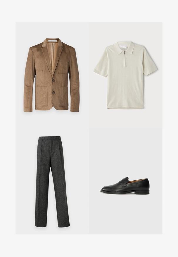 Essential Collective UNCONSTRUCTED CORDUROY BLAZER JACKET - Dressjakke - camel; Kortermet polo skjorte i lys beige med glidelås i kragen. Laget av glatt stoff, har et enkelt, moderne design uten mønstre.; Grå skreddersydde bukser laget av teksturert stoff, med to frontpleater og rette ben. Ingen synlige lommer eller dekorasjoner.; Svart skinnloafer med rund tå, subtilt sydd detaljering og lav hæl, med en glatt tekstur og minimalistisk design.
