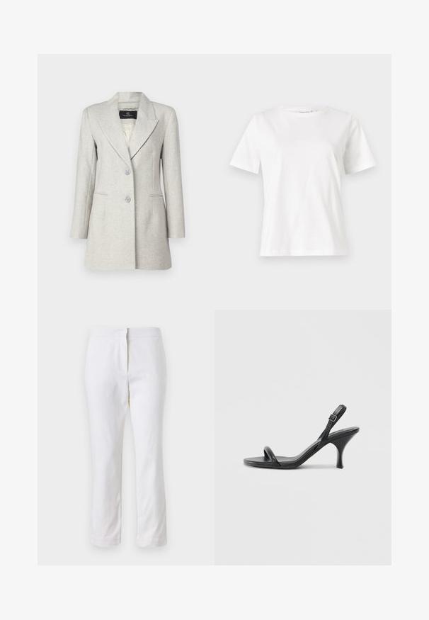 Light grey blazer made of herringbone fabric, featuring a notched collar, two front pockets, and two buttons with a smooth inner lining.; White cotton t-shirt with short sleeves, round neckline, and a relaxed fit. Smooth texture, no patterns or accents, minimalistic design.; White cotton pants with a straight leg design, featuring a mid-rise waist and no visible hardware or patterns. Smooth texture throughout.; Black leather high-heeled sandals with a slim, curved heel and a crossed strap design. Adjustable ankle strap. Smooth texture.