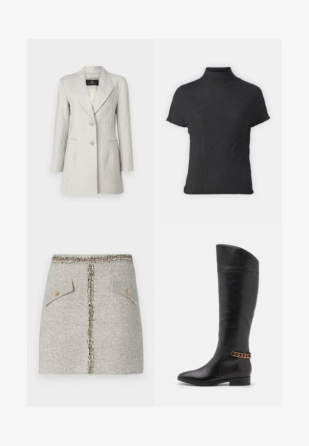 Vaaleanharmaa bleiseri, joka on valmistettu herringbone-kangasta ja jossa on viisto kaulus, kaksi etutaskua ja kaksi nappia, sekä sileä vuori.; Musta lyhythihainen turtleneck-paita, joka on valmistettu kevyestä kankaasta, jossa on sileä rakenne ja tiukka muotoilu, ja siinä on korkea kaulus.; Kudottu tweed-hame valkoisen ja mustan herringbone-kuvion kanssa, jossa on kaksi etutaskua ja kultasävyinen vetoketju takana, jossa on kuluneet reunat.; Pitkiä mustista nahkasaappaista, joissa on tyylikäs muotoilu, terävä kärki ja kultaketjuakseli nilkassa. Matala lohko korko. Sujuva pinta.