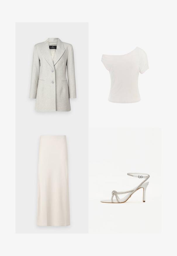 Heled hall blazer, valmistatud kalasaba kangast, millel on natuke lõhenenud krae, kaks esipocketit ja kaks nuppu koos siledaga voodriga.; Valge õlgadelt avatud t-särk, mis on valmistatud pehmest ja kerge kangast. Lühikesed varrukad, keha lähedane lõige ja kokkuveeritud äärte detail. Sile tekstuur.; Kreemikarva, midi-pikkusega seelik, millel on sile, satiinilaadne tekstuur ja sirge lõige. Ilma nähtavate mustrite või kaunistusteta.; Valge kõrge kontsaga sandaal tekstuurse rihmaga, mis sisaldab sädelusi, avatud varba disain ja sääre rihm reguleeritava pandlaga.