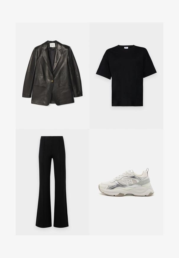 AERON Δερμάτινο μπουφάν - black; Μαύρο κοντομάνικο μπλουζάκι σε άνετη γραμμή, φτιαγμένο από μαλακό ύφασμα, με στρογγυλή λαιμόκοψη και χωρίς έντονα μοτίβα ή διακοσμητικά.; Μαύρο φούστα παντελόνι με ψηλή μέση, φτιαγμένο από ελαστικό ύφασμα. Διαθέτει κατακόρυφες ραφές στην μπροστινή πλευρά και απαλή υφή.; Λευκά αθλητικά παπούτσια με λαμπερά ασημένια στοιχεία, πλέγματα και χοντρή σόλα. Διαθέτουν λογότυπο στο πλάι και ραμμένο τακούνι με υφή.