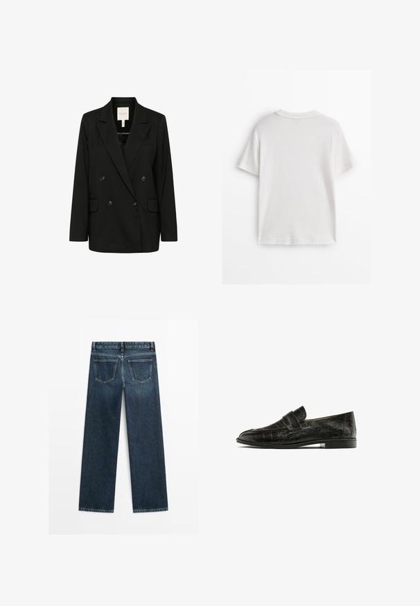 Zwarte dubbelzijdige blazer met gesneden revers, twee voorkruiszakken en knopenaccenten. Gemaakt van zachte stof met een slanke uitstraling.; Wit katoenen T-shirt met korte mouwen, een ronde hals en een gladde textuur. De achterkant is effen zonder extra patronen of ontwerpen.; Donkerblauwe spijkerbroek met een rechte snit, voorzien van twee achterzakken en zichtbare stiksels langs de naden en randen.; Zwarte instappers met een krokodillenleertextuur, voorzien van een opvallende strap over de wreef, weergegeven tegen een witte achtergrond.