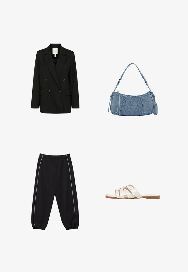 Crni dvostruko zakopčani blejzer s rever ovratnikom, dva prednja džepa i dugmadi kao ukras. Izrađen od gladkog materijala s elegantnom siluetom.; Crne i bijele majice, okrugli izrez, kratki rukavi. Crna majica ima žuti vez suncem; bijela majica ima ljubičasti naglasak u obliku polumjeseca.; Crne sportske hlače s elastičnim pojasom, bijelim prugama sa strane i skupljenim rubovima na gležnjevima. Izrađene od mekanog, rastezljivog materijala.; Ravne sandale s smeškom od gume, dizajnirane s tri preklapajuće bele kožne trake i malim detaljem mašne u sredini.; Denimska torba s zakrivljenim oblikom, svijetloplave boje, podesivim remenom za rame i malim odvojivim džepom s metalnim akcentima.