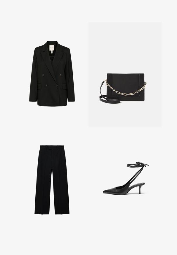 Crni dvostruko zakopčani blejzer s rever ovratnikom, dva prednja džepa i dugmadi kao ukras. Izrađen od gladkog materijala s elegantnom siluetom.; Bijela kratka majica s kratkim rukavima i okruglim izrezom. Mekana tekstura i opušteni kroj, s jednostavnim dizajnom bez dodatnih uzoraka.; Crne hlače s visokim strukom, širokih nogavica, s petljama za remen i bočnim džepovima, s prednjim zatvaračem i kopčanjem na dugme.; Crne kožne štikle s šiljastim vrhom, otvorenim leđima i remenčićima koji su vezani u mašnu. Tanak potplat visine 7,5 cm. Glatka tekstura, minimalistički dizajn.; Crna kožna torba preko tijela s glatkom teksturom, pravokutnim oblikom i metalnim lancem na prednjoj strani. Uključena je podesiva naramenica.